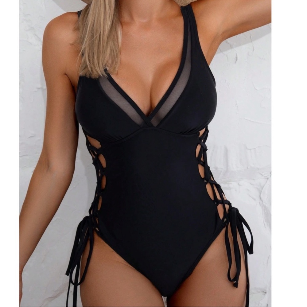 Black One Piece Cutout Lace Up Monokini Swimsuit S M L XL